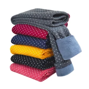 Girls Cotton Dot Print Leggings Kids Fleece Warm Pants