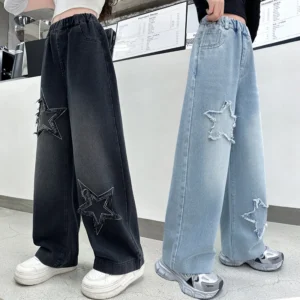 Teenager Girls Jeans Wide Leg Pants Baggy Denim